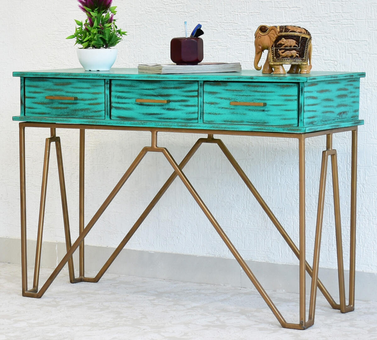 CASINO Console Hall green Table with Golden Finish